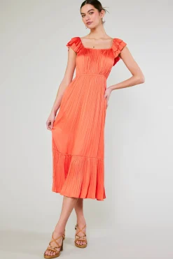 Midi Dresses-Current Air Square Neck Flutter Sleeve Midi Dress ORANGERED