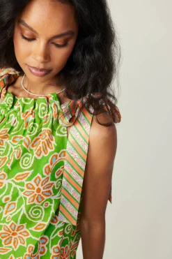 Sleeveless Tops-Current Air Striped Bow Floral Top GREENORANGEMLT