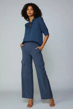 Short Sleeve Tops-Current Air Striped Structured Sleeve Blouse NAVY