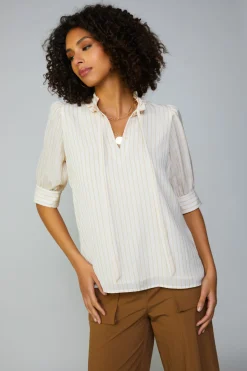 Short Sleeve Tops-Current Air Striped Structured Sleeve Blouse NATURALSTRIPE