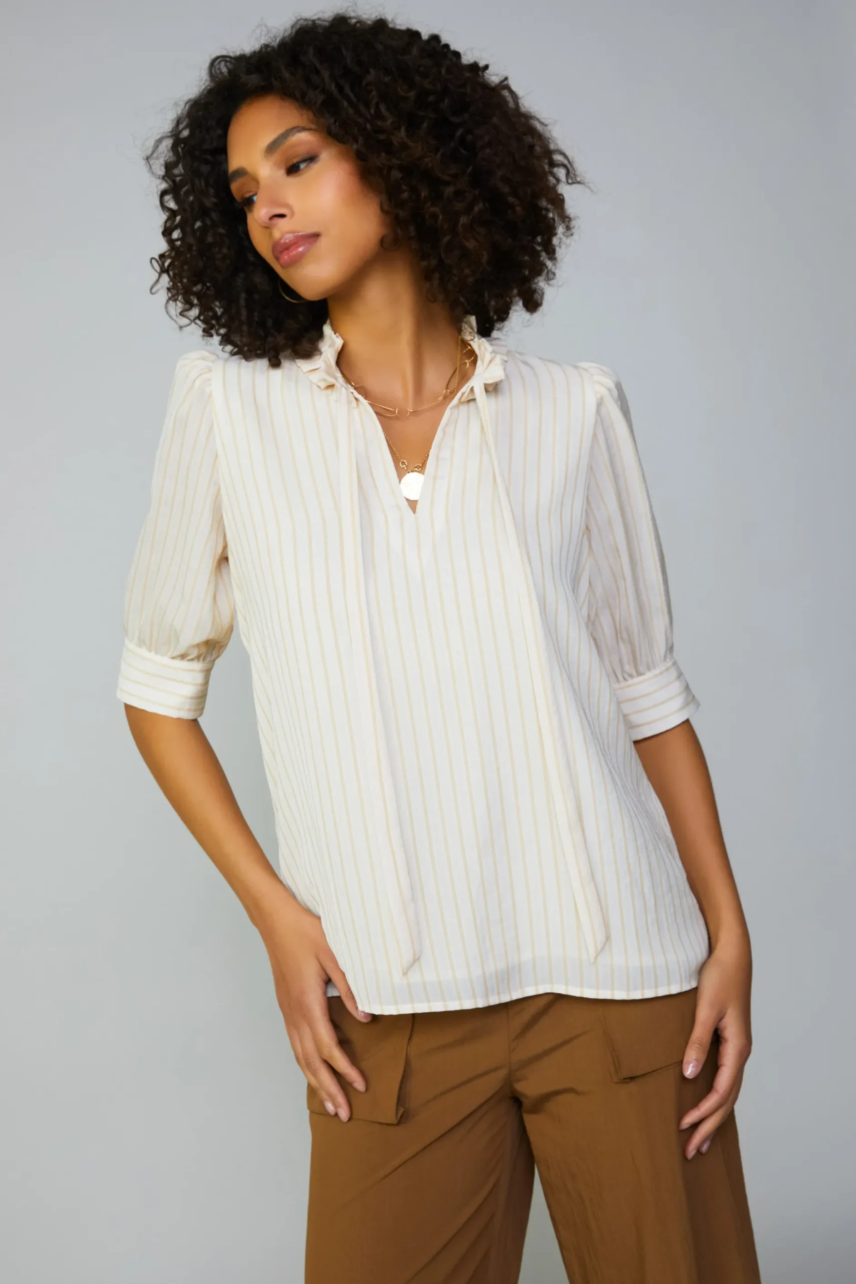 Short Sleeve Tops-Current Air Striped Structured Sleeve Blouse NATURALSTRIPE
