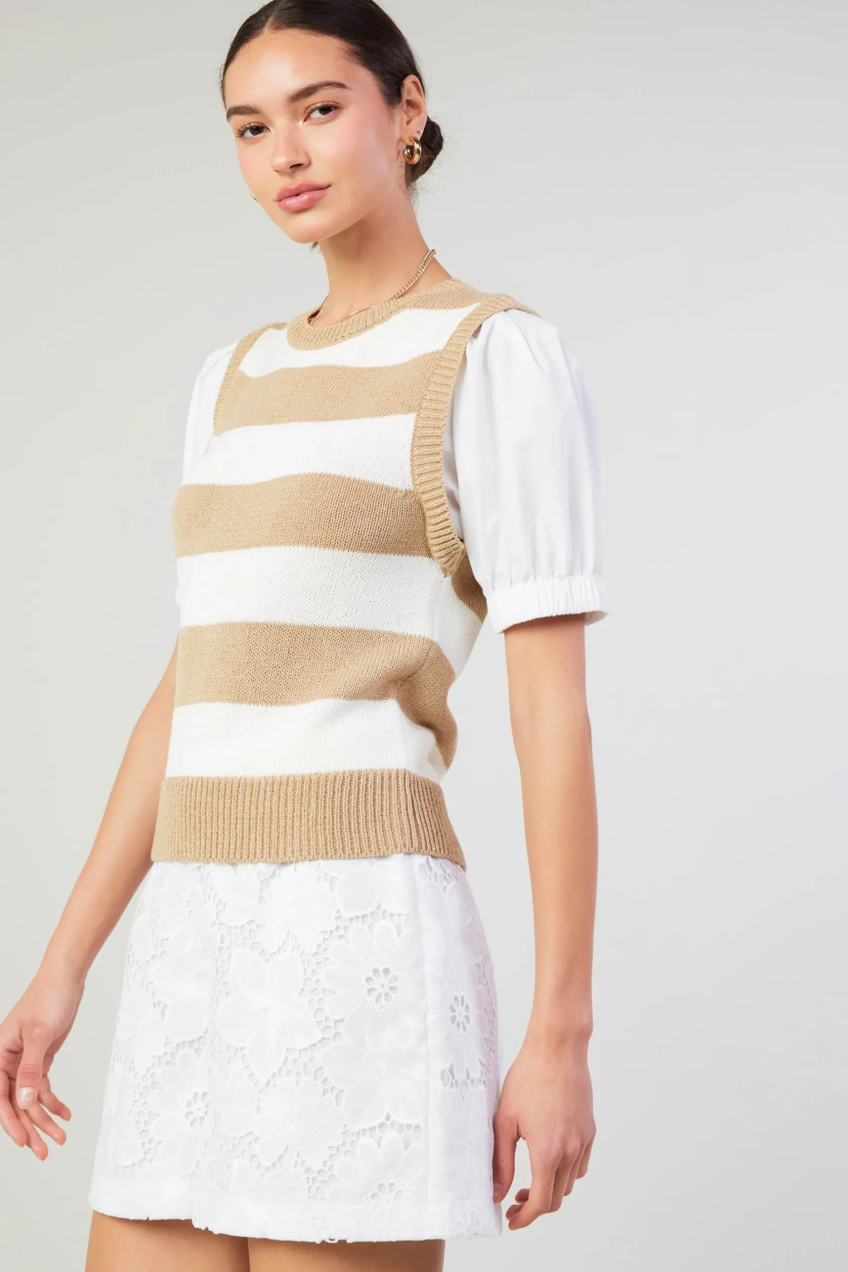 Knitwear|Short Sleeve Tops-Current Air Striped Sweater Top TAUPE