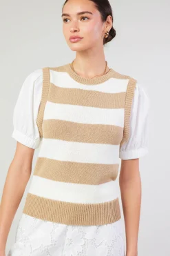 Knitwear|Short Sleeve Tops-Current Air Striped Sweater Top TAUPE