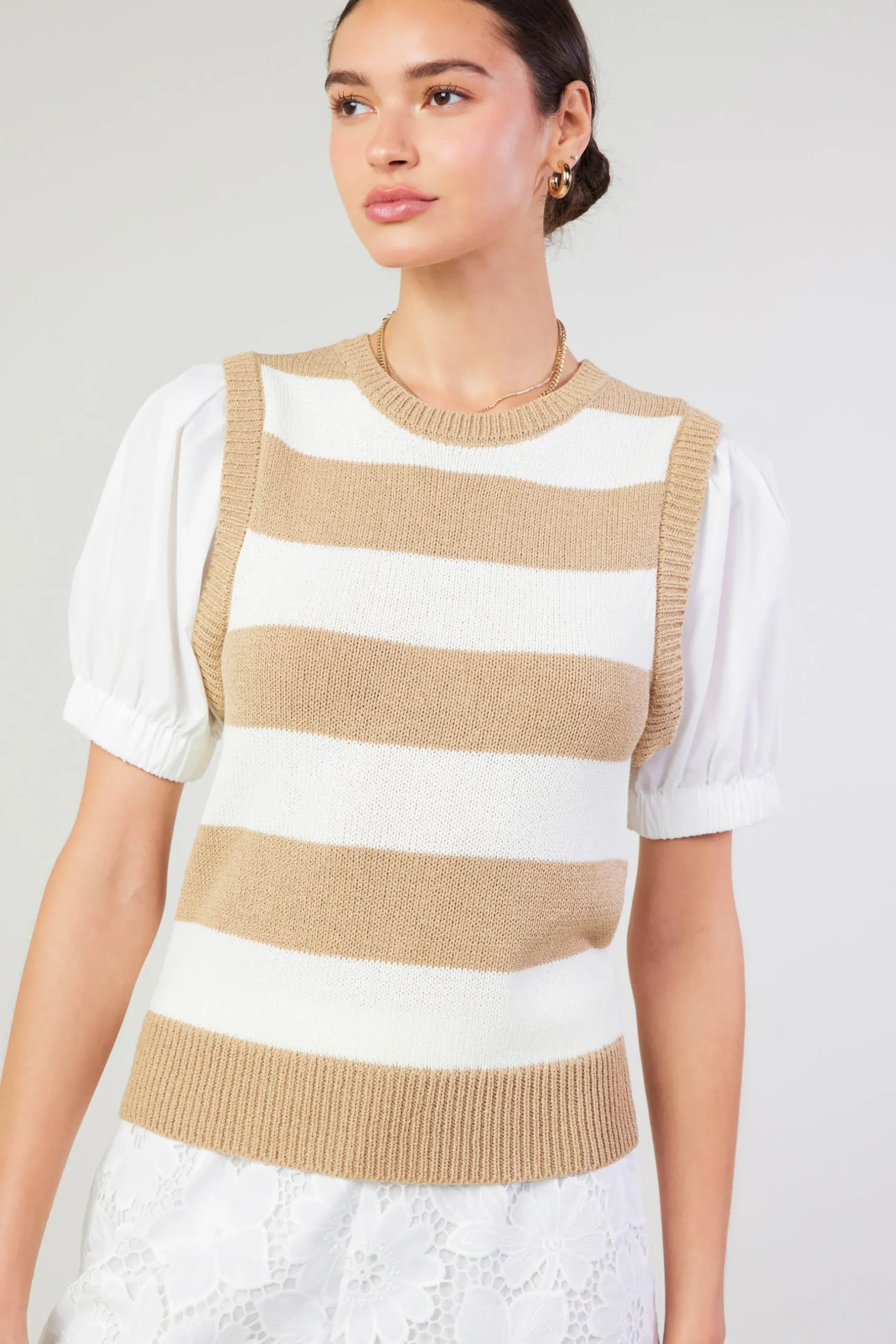 Knitwear|Short Sleeve Tops-Current Air Striped Sweater Top TAUPE