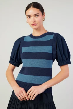 Knitwear|Short Sleeve Tops-Current Air Striped Sweater Top NAVY