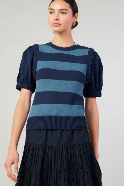 Knitwear|Short Sleeve Tops-Current Air Striped Sweater Top NAVY