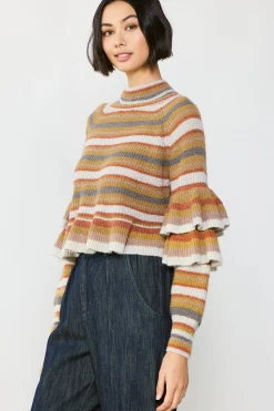 Sweaters-Current Air Striped Tiered Sleeve Sweater MUSTARDMLT
