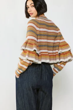 Sweaters-Current Air Striped Tiered Sleeve Sweater MUSTARDMLT