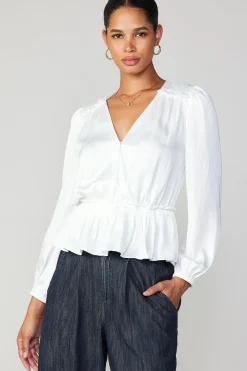 Long Sleeve Tops-Current Air Surplice Peplum Blouse WHITE