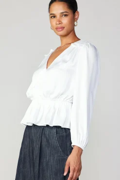 Long Sleeve Tops-Current Air Surplice Peplum Blouse WHITE
