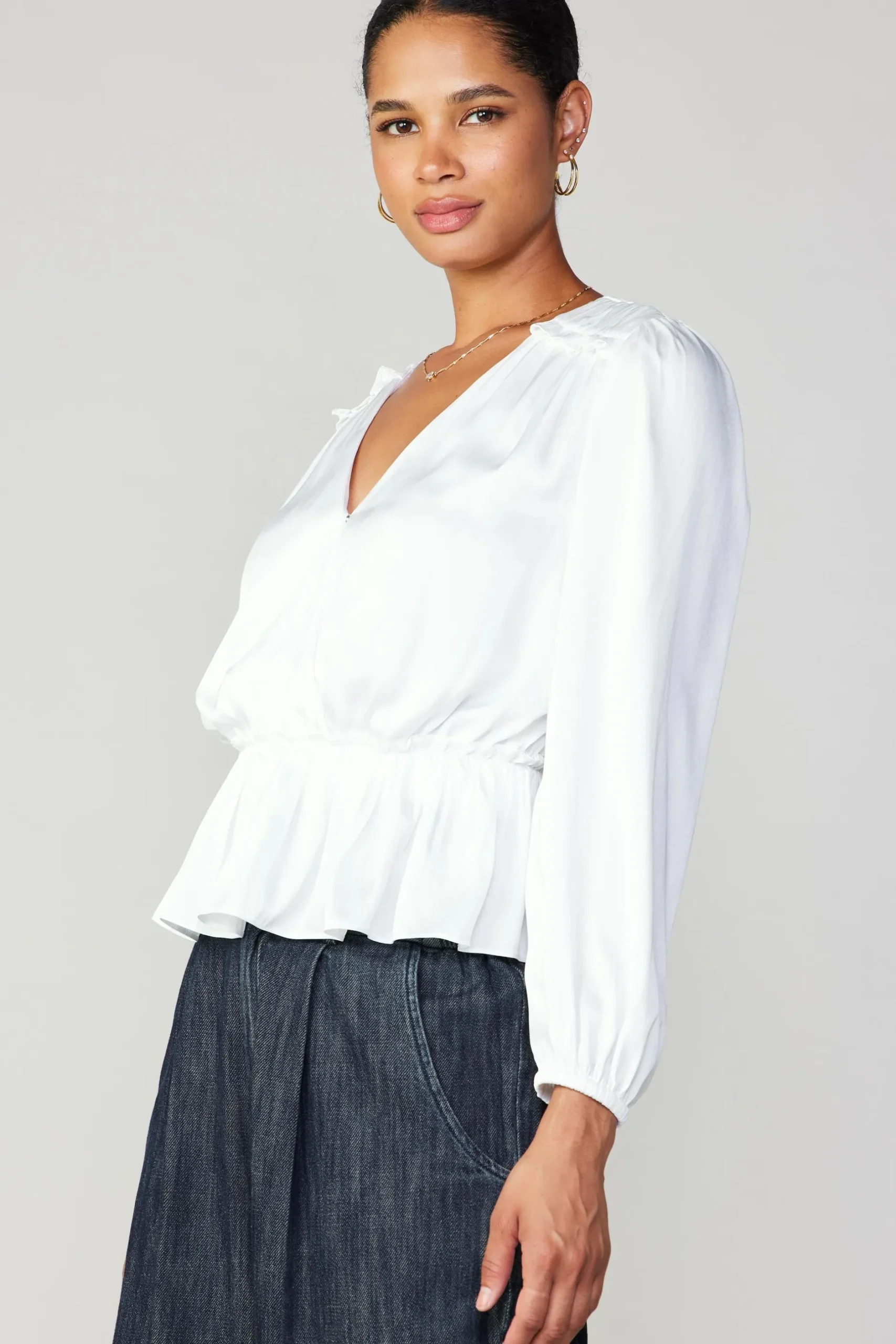 Long Sleeve Tops-Current Air Surplice Peplum Blouse WHITE