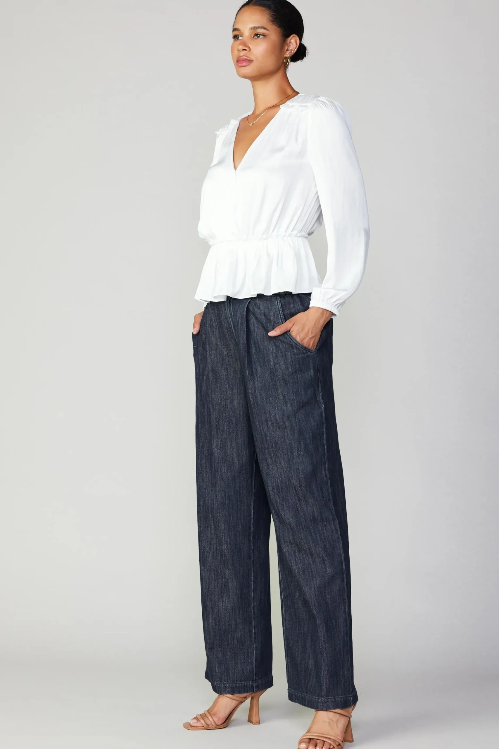 Long Sleeve Tops-Current Air Surplice Peplum Blouse WHITE