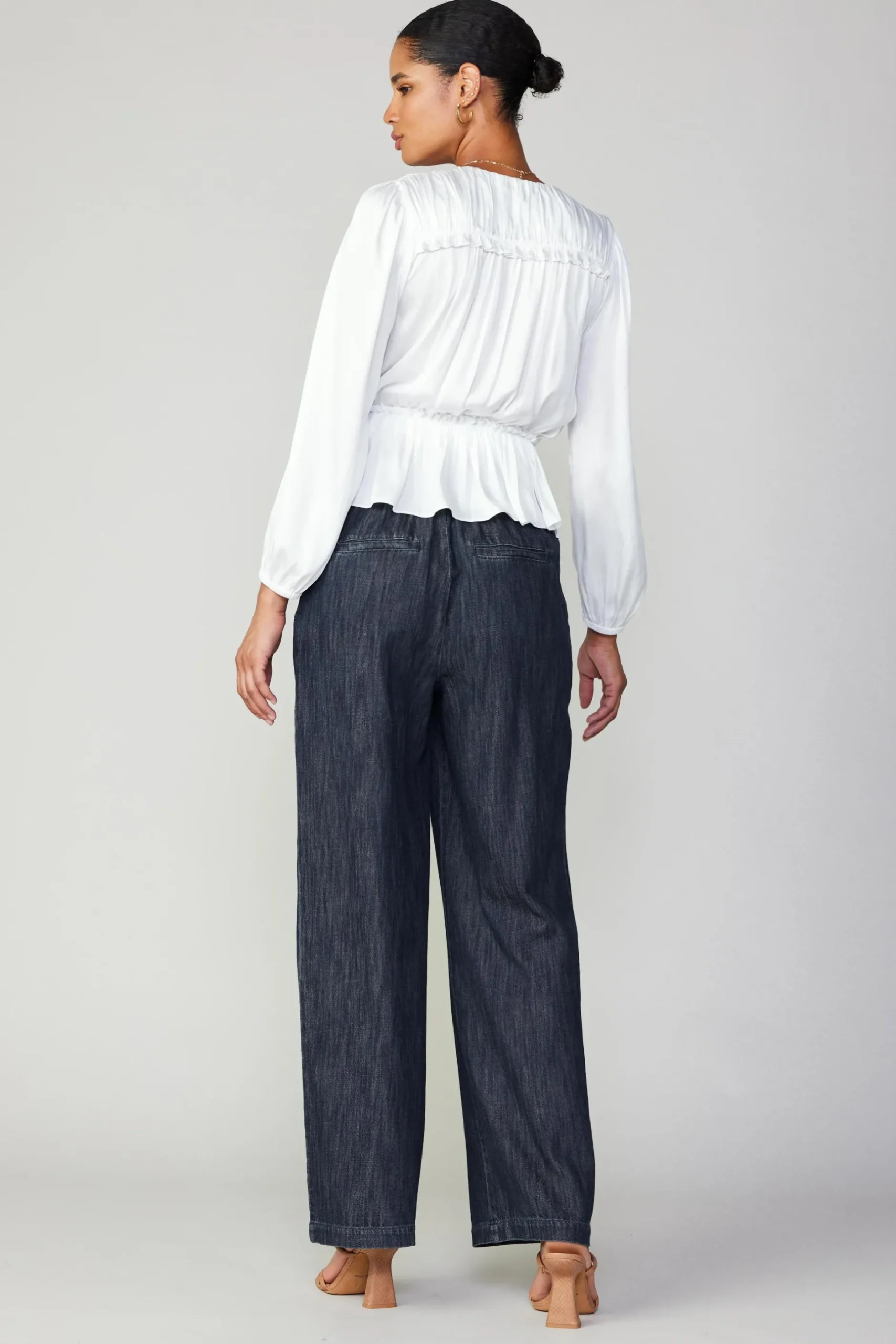 Long Sleeve Tops-Current Air Surplice Peplum Blouse WHITE