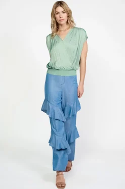 Sleeveless Tops|Short Sleeve Tops-Current Air Surplice Sleeveless Blouse SAGE