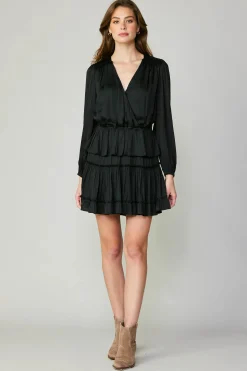Mini Dresses-Current Air Surplice Tiered Mini Dress BLACK