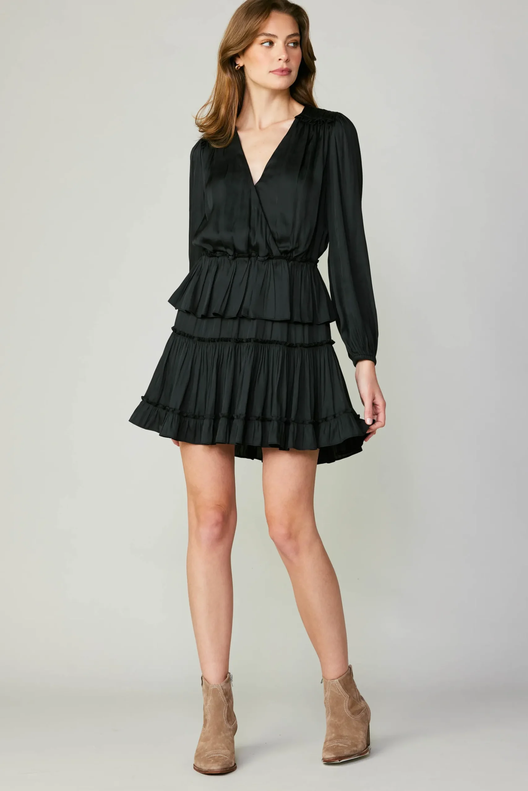 Mini Dresses-Current Air Surplice Tiered Mini Dress BLACK