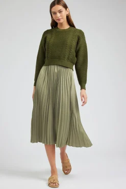 Knitwear-Current Air Sweater & Pleated Dress Set OLIVE
