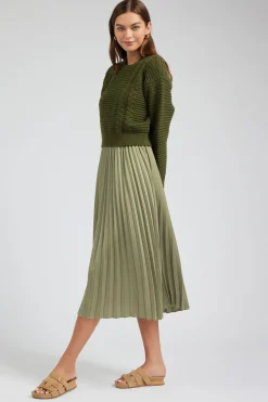 Knitwear-Current Air Sweater & Pleated Dress Set OLIVE