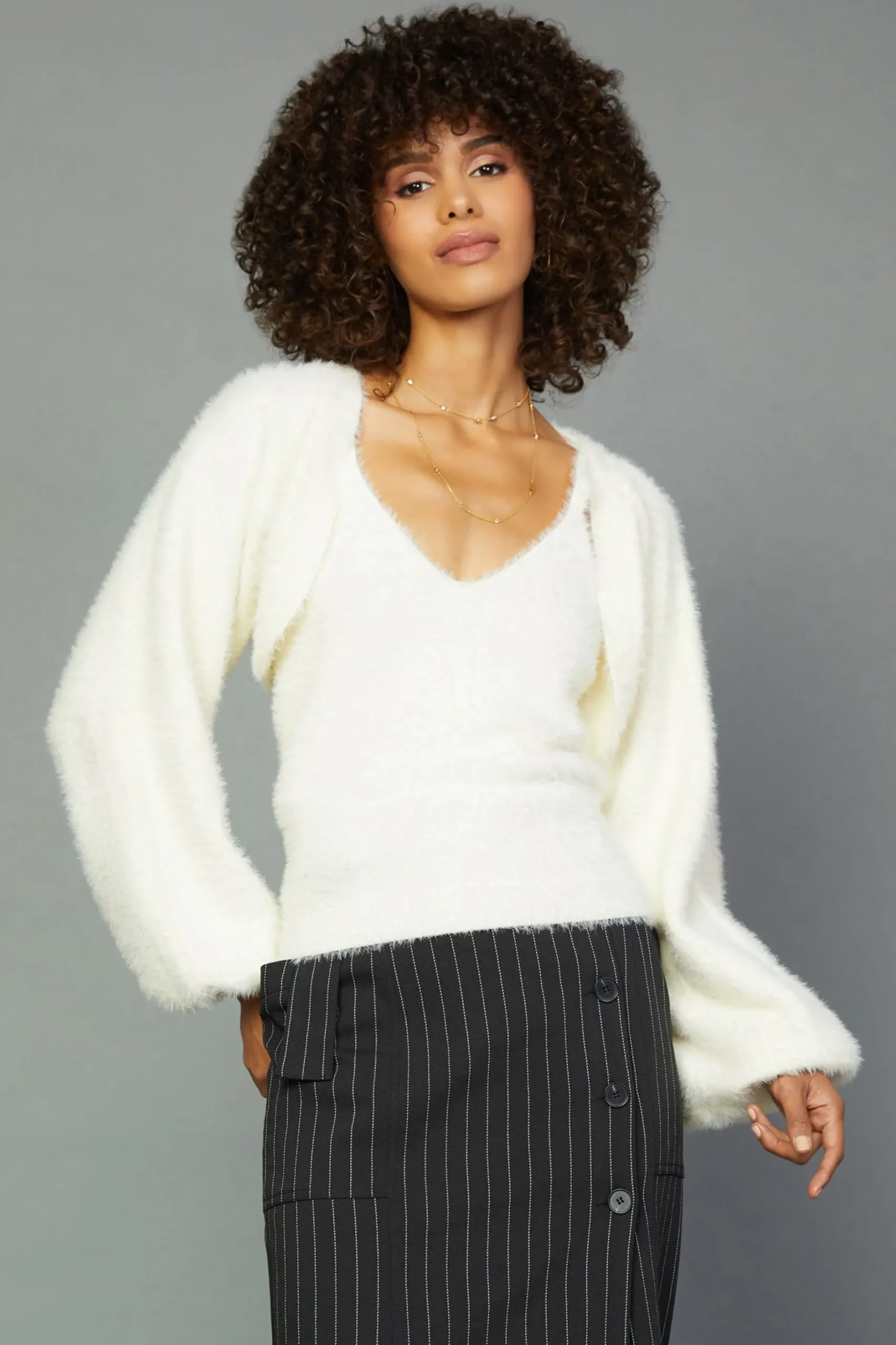 Knitwear|Coats & Jackets-Current Air Sweater Shrug Cami Set CREAM