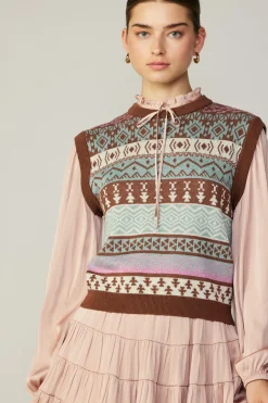 Long Sleeve Tops|Sweaters-Current Air Sweater Vest Blouse FADEDBLUSHMLT