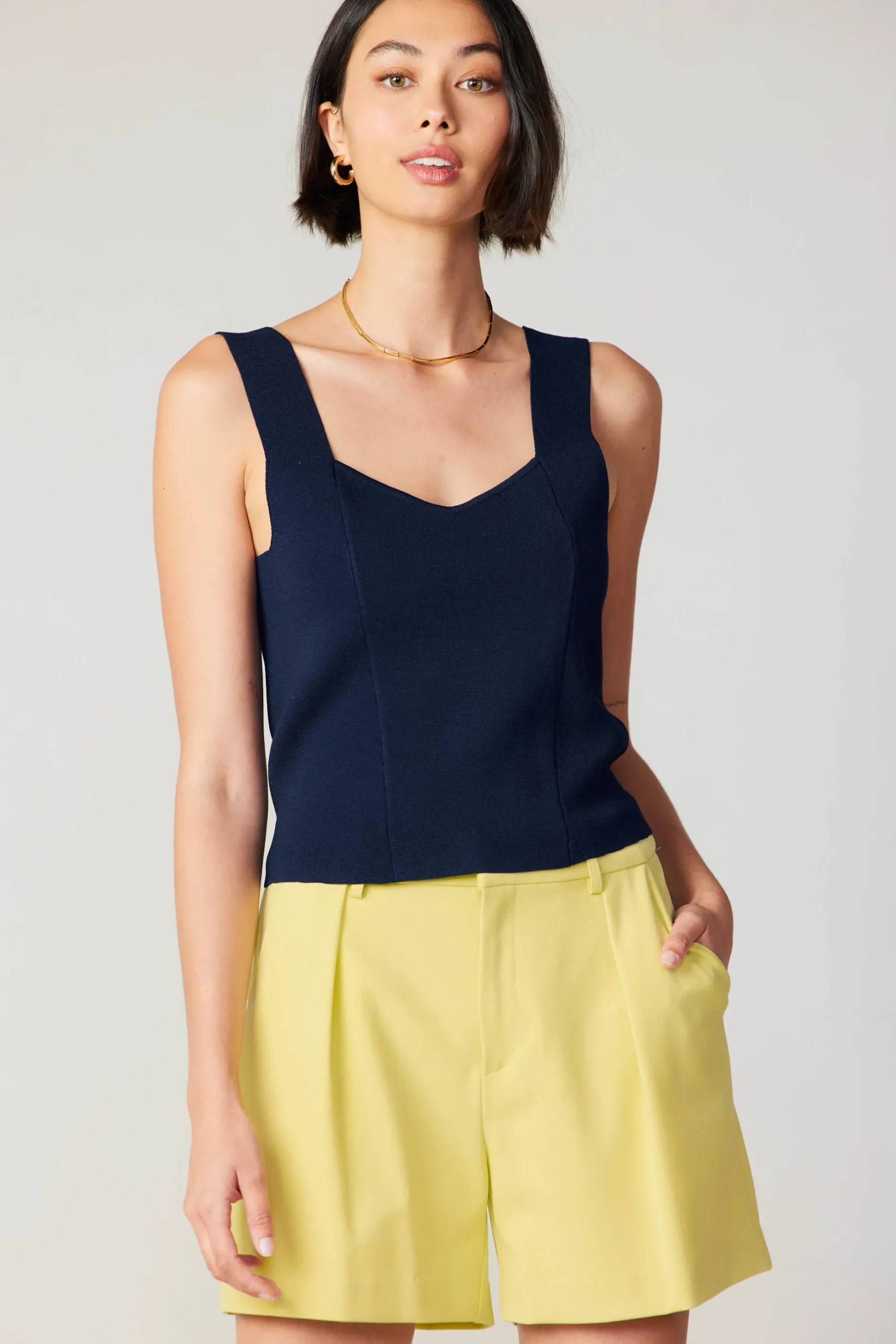 Knitwear|Sleeveless Tops-Current Air Sweetheart Knit Tank Top NAVY