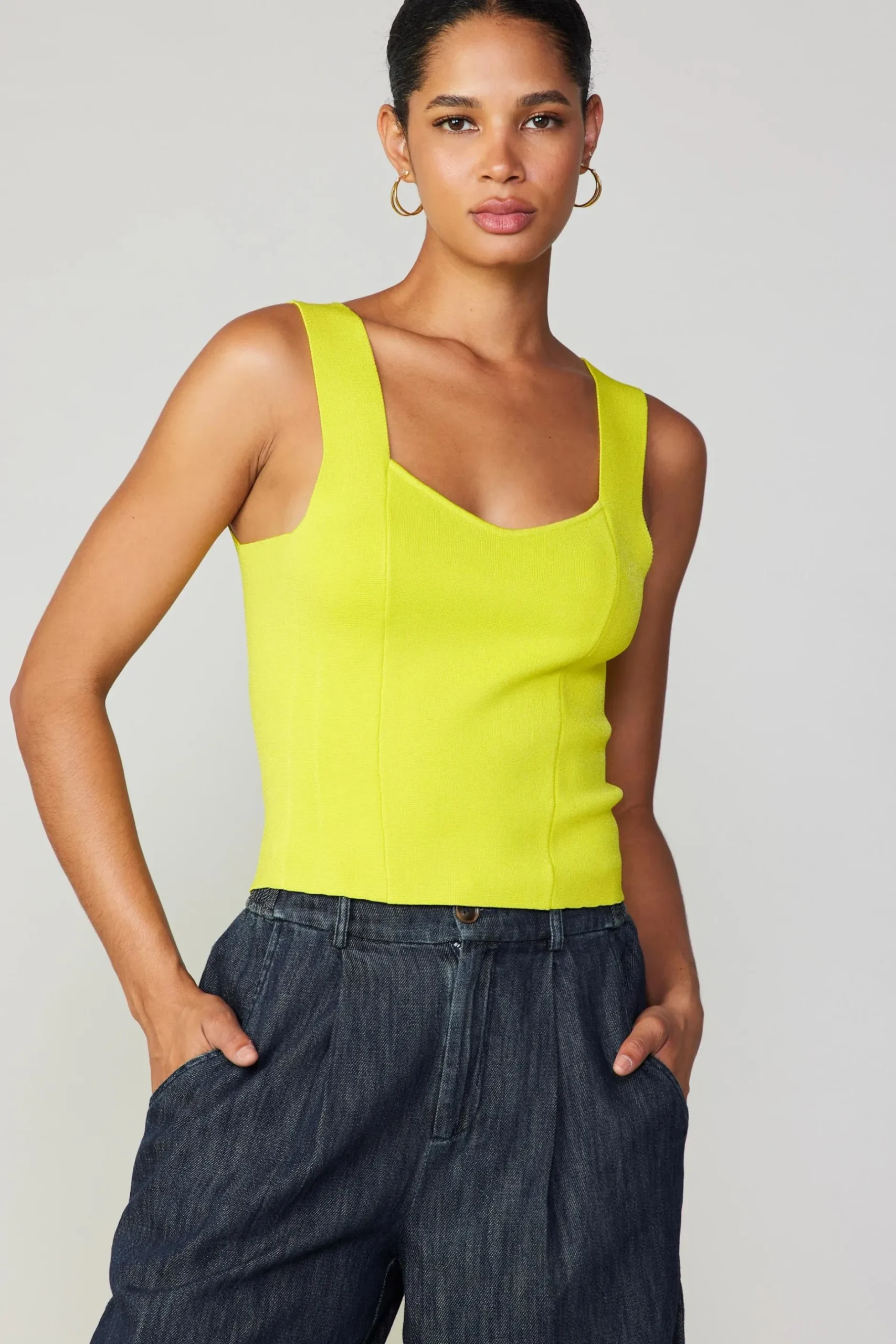 Knitwear|Sleeveless Tops-Current Air Sweetheart Knit Tank Top LEMON