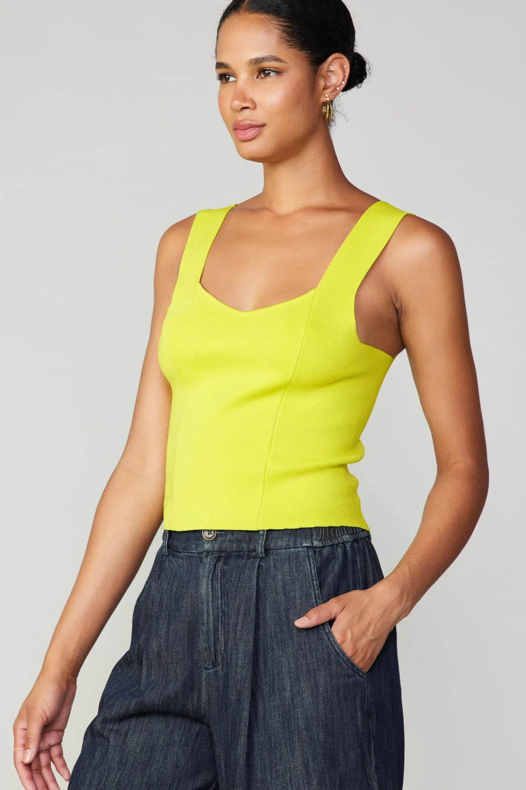 Knitwear|Sleeveless Tops-Current Air Sweetheart Knit Tank Top LEMON