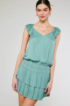 Mini Dresses-Current Air Sweetheart Smocked Mini Dress SAGEGREEN