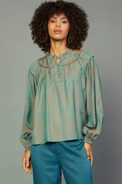 Long Sleeve Tops-Current Air Swirl Motif Blouse TEAL-ORANGE