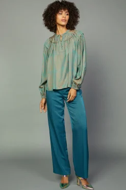 Long Sleeve Tops-Current Air Swirl Motif Blouse TEAL-ORANGE