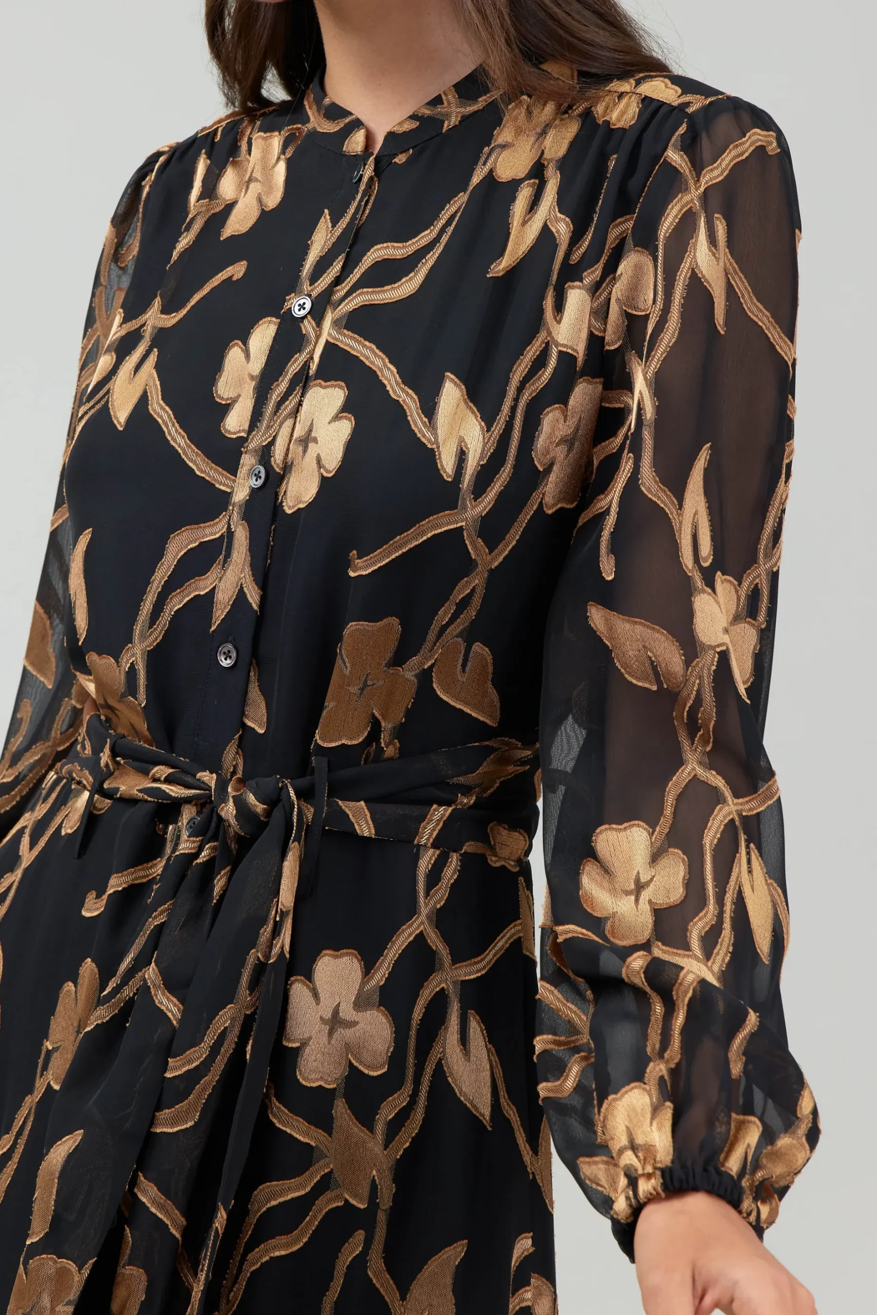 Midi Dresses-Current Air Textured Floral Midi Dress BLACKGOLD