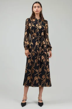 Midi Dresses-Current Air Textured Floral Midi Dress BLACKGOLD