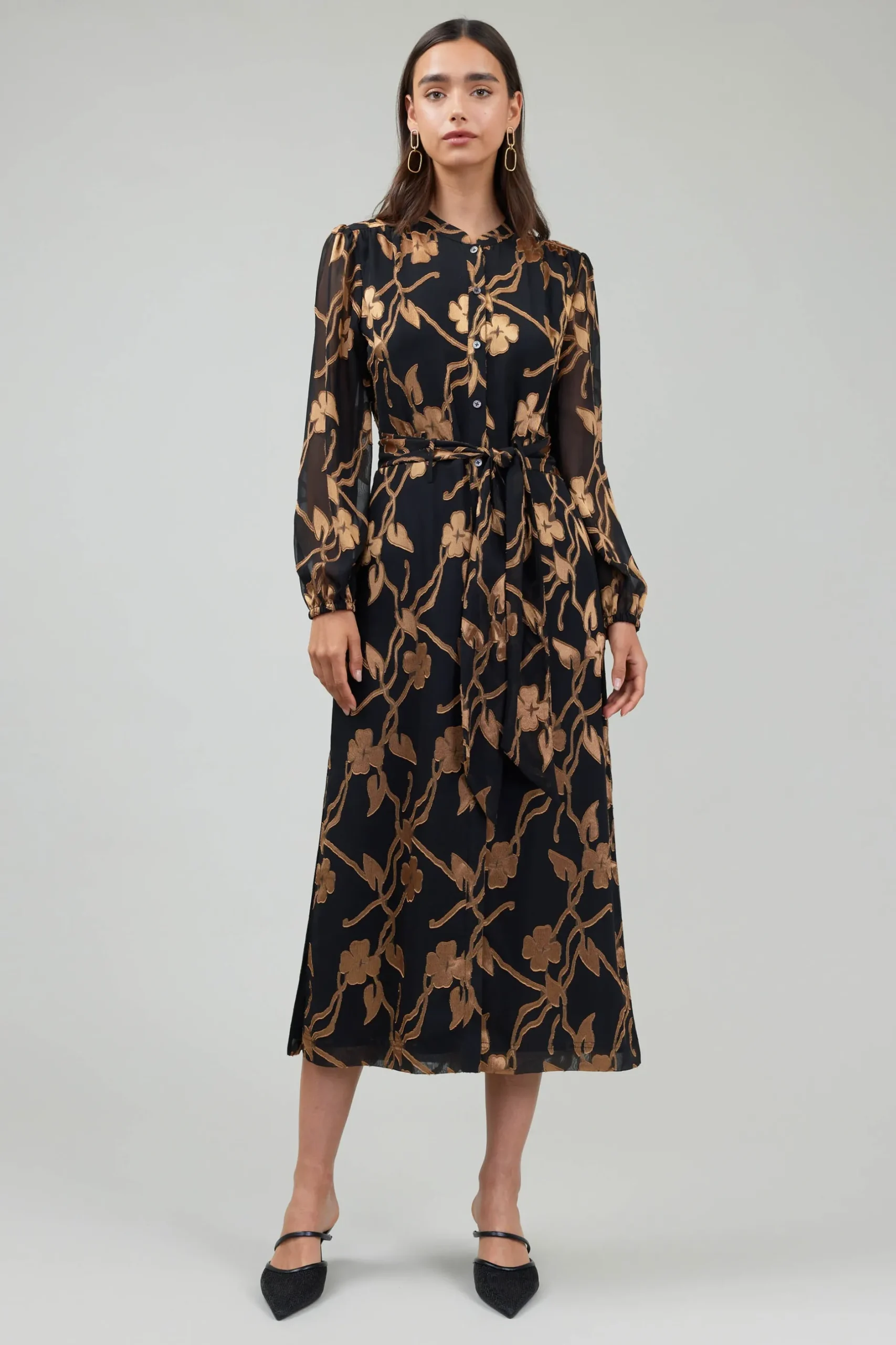 Midi Dresses-Current Air Textured Floral Midi Dress BLACKGOLD