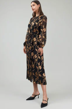 Midi Dresses-Current Air Textured Floral Midi Dress BLACKGOLD