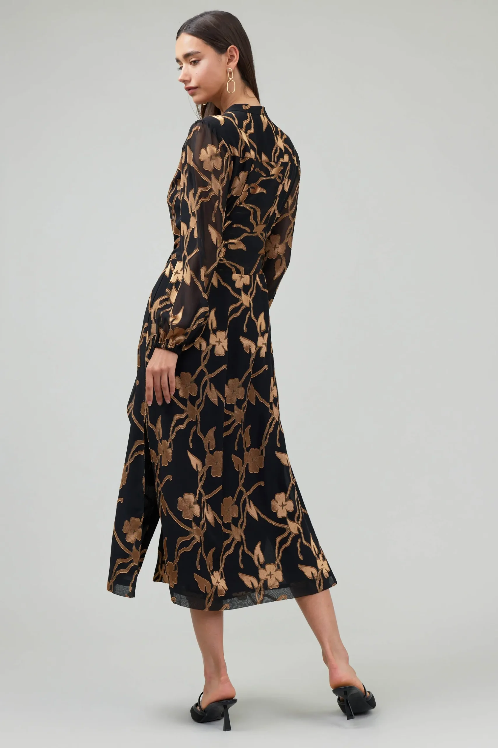 Midi Dresses-Current Air Textured Floral Midi Dress BLACKGOLD