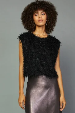 Sleeveless Tops-Current Air Textured Sparkle Top BLACK