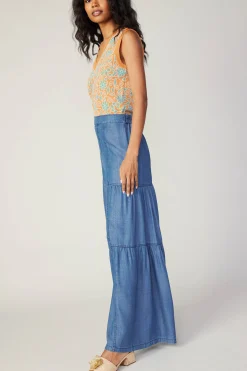 Pants-Current Air Tiered Wide Leg Pants CHAMBRAY