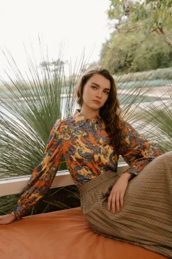 Long Sleeve Tops-Current Air Tonal Paisley Pleated Shirt ORANGEPAISLEY