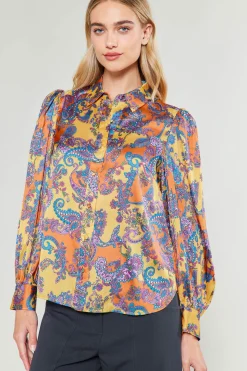 Long Sleeve Tops-Current Air Tonal Paisley Pleated Shirt ORANGEPAISLEY