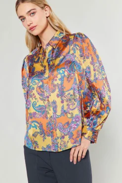 Long Sleeve Tops-Current Air Tonal Paisley Pleated Shirt ORANGEPAISLEY