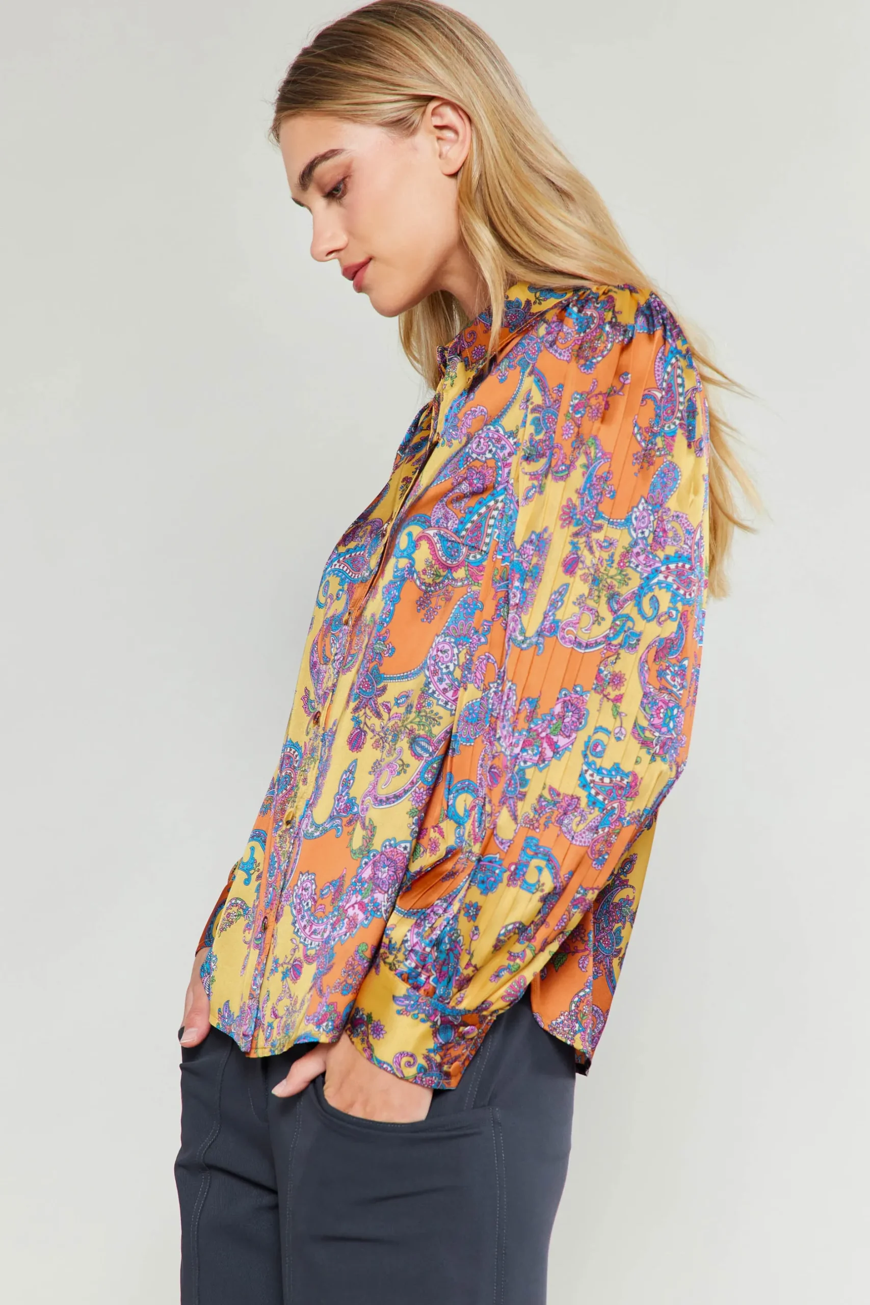 Long Sleeve Tops-Current Air Tonal Paisley Pleated Shirt ORANGEPAISLEY
