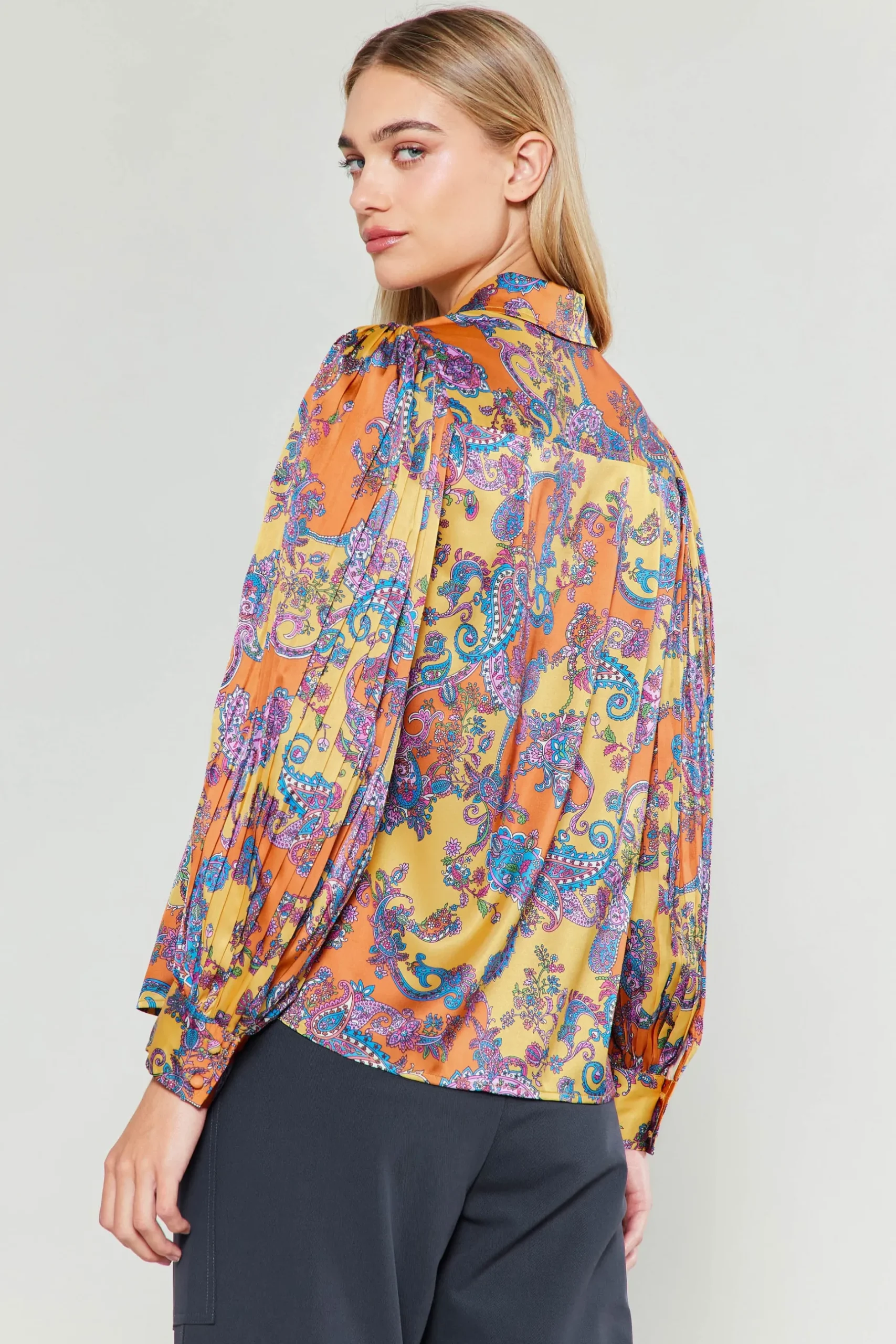 Long Sleeve Tops-Current Air Tonal Paisley Pleated Shirt ORANGEPAISLEY