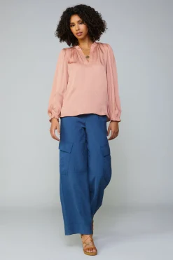 Long Sleeve Tops-Current Air Top Stitch Placket Blouse DUSTYBLUSH
