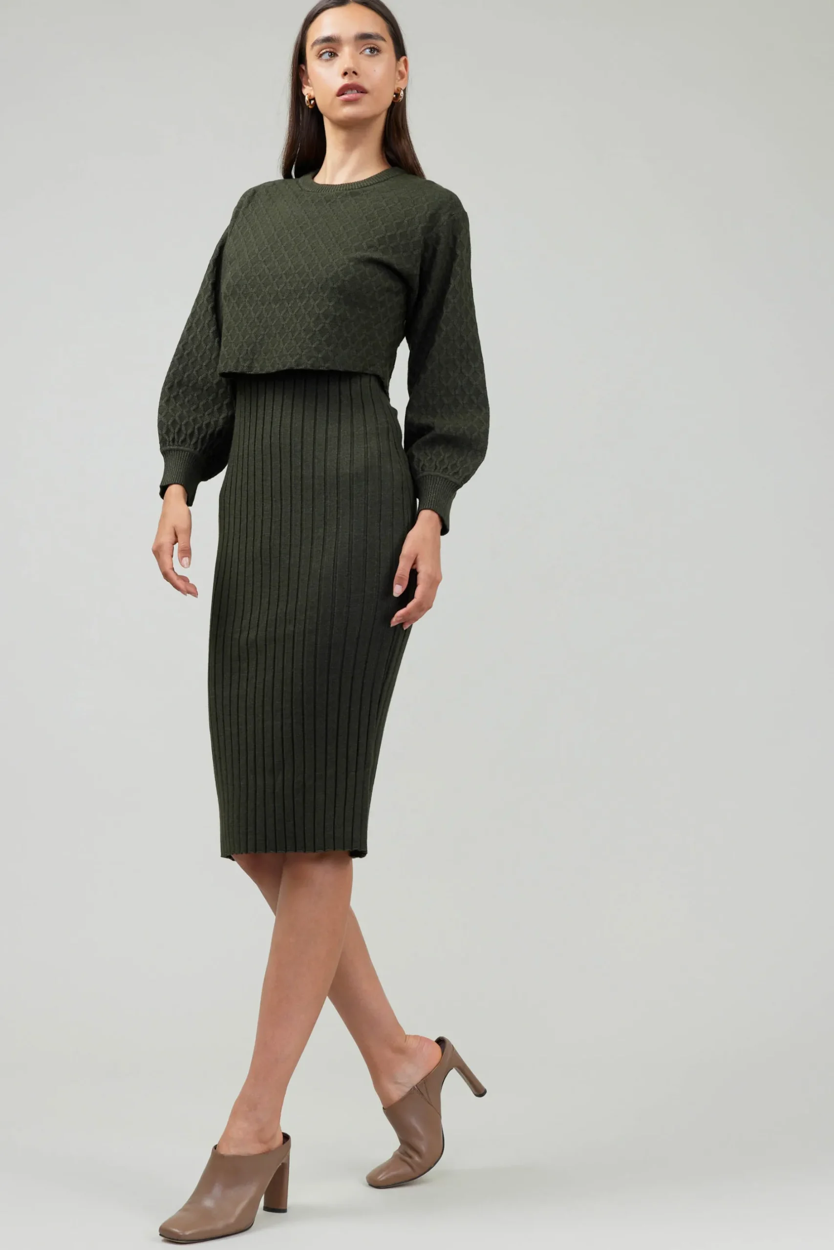 Knitwear|Midi Dresses-Current Air Two Piece Sweater Dress DARKMOSSGREEN