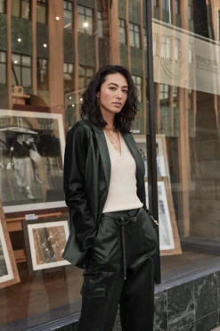 Coats & Jackets-Current Air Two Tone Vegan Leather Jacket DARKGREEN