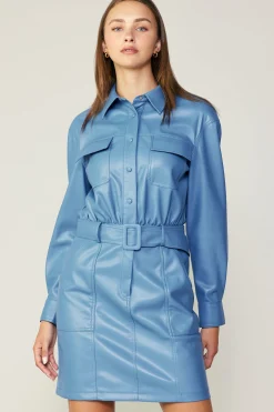 Mini Dresses-Current Air Vegan Leather Belted Shirt Dress TRANQUILBLUE