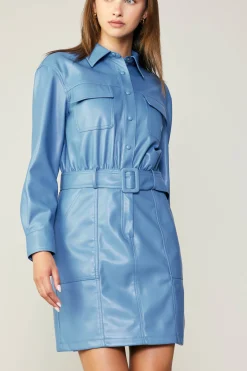 Mini Dresses-Current Air Vegan Leather Belted Shirt Dress TRANQUILBLUE