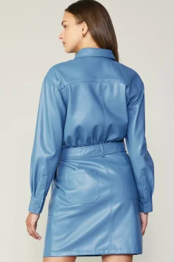 Mini Dresses-Current Air Vegan Leather Belted Shirt Dress TRANQUILBLUE