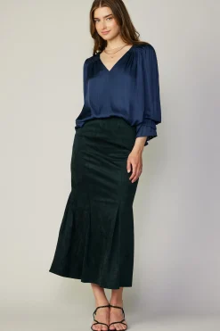 Skirts-Current Air Vegan Suede Fishtail Skirt DARKGREEN