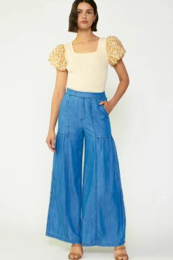 Pants-Current Air Wide Leg Tiered Pants CHAMBRAY